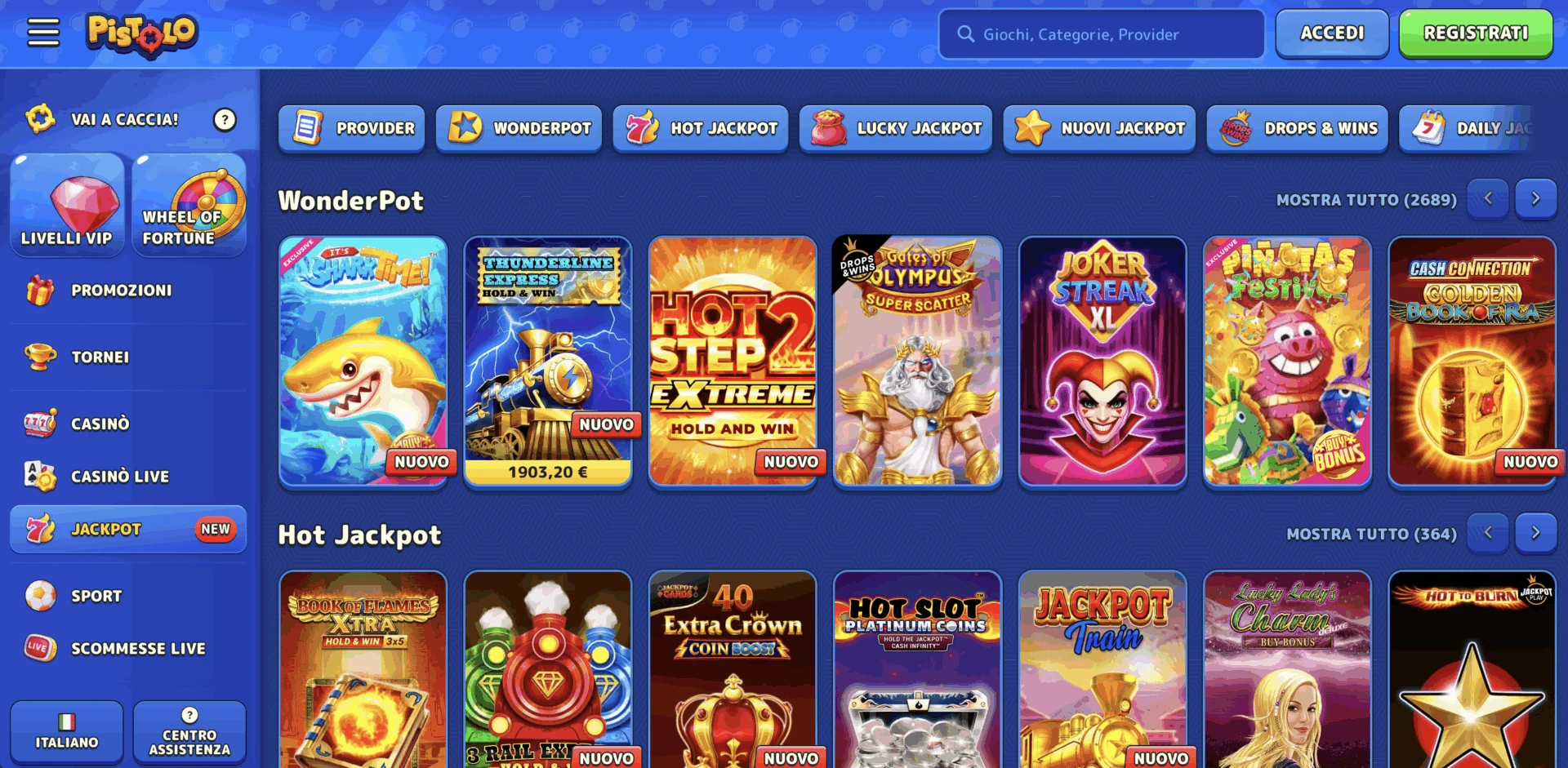 Jackpot dei giochi disponibili su Pistolo Casinò